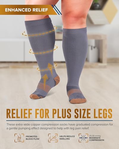 Image of Doctor's Select Copper Plus Size Compression Socks Wide Calf - 2 Pairs | 20-30mmHg Extra Wide Calf Copper Compression Socks Men & Women for Swelling & Circulation Support | Black & Gray