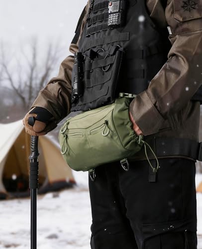 CVLIFE Hand Warmer Pouch with Hook & Loop, Portable Drop Hanger Waist Hand Muff for Skiing, Ice Fishing, Football, Camping, Adjustable Strap and Cuffs, 3 Pockets, Quick Release Buckles, Green