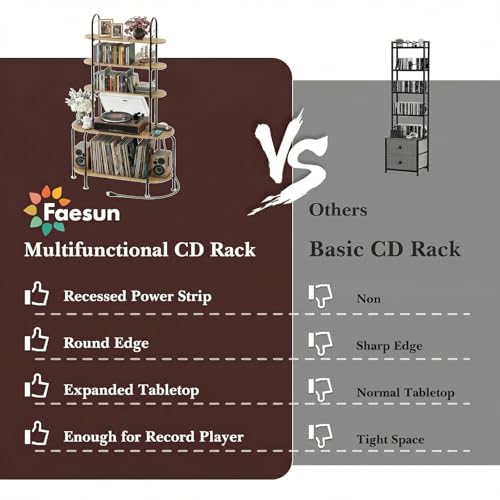 Image of Faesun Record Player Stand with Storage, 5-Tier Turntable Stand with Charging Station, CD Storage with Adjustable Book Stoppers, for CDs, Vinyl Records, Books, Games, for Living Room, Bedroom, Oak