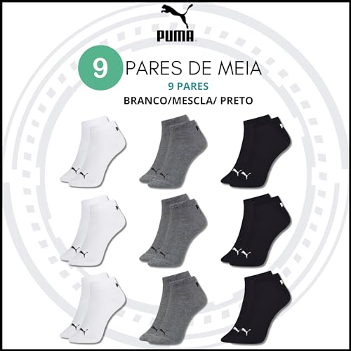 Kit 09 Pares de Meia Puma Soquete Algodão Masculino Adulto | 39-43 | 3 Branca - 3 Cinza - 3 Preta