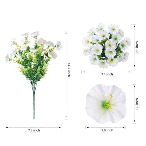 HyeFlora Artificial Flowers for Outdoors Fake Plants Outside Decoration, 12 Bundles Silk White Morning Glory UV Resistant Look Real Faux Flowers for Planter Front Door Porch Patio Yard Gardens Balcony