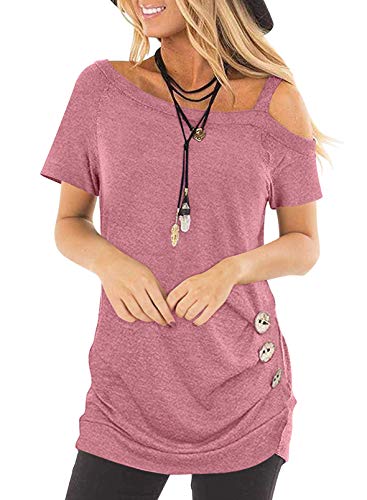 ASYOLY Women's Shirts Cold Shoulder Tops Summer Short Sleeve Casual Side Buttons Twist Blouse T-Shirt Blouses Pink S