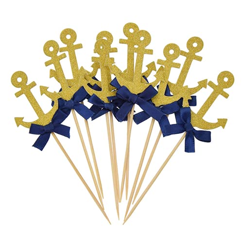 Samanter Nautical Cupcake Toppers Anchor Glitter Cake Topper For Birthday Wedding Ocean Navy Theme Party Baby Shower Party Supplies 24Pack #TOP2