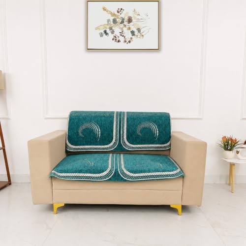 Image of Homerz Premium Chenille Fabric Sofa Cover | Soft, Durable & Dustproof | Decorative Couch Cover (Ghoomar Teal, 2 Seater, Seat Cover with Backrest)