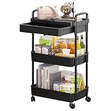 Duojin - Carrello portaoggetti a 3 ripiani in plastica con maniglia, carrello portaoggetti multifunzionale con cesti a rete e ruote bloccabili per bagno, cucina, ufficio, aula (nero)