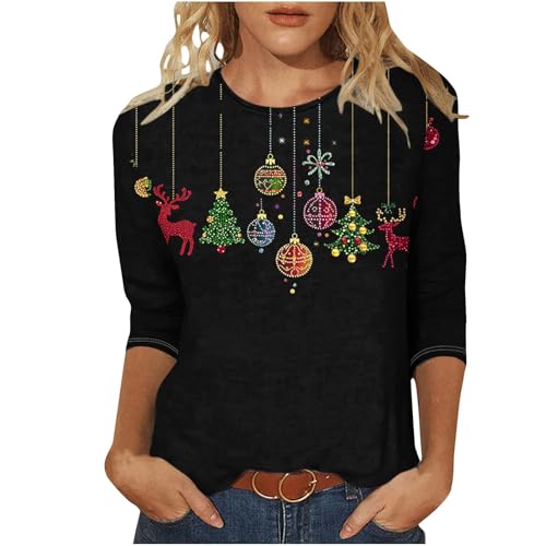 Generisch Damen Weihnachtsshirt 3/4 Ärmel Weihnachtsbluse Weinglas...