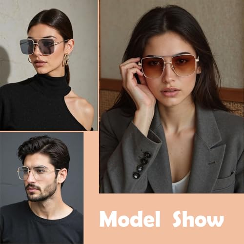 Trendy Oversized Square Sunglasses for Women Men Double Bridge Metal Frame Flat Mirrored Lens2