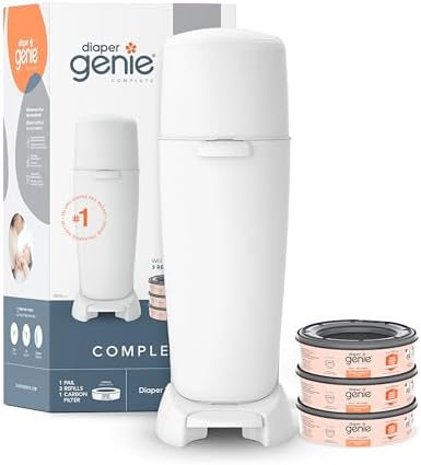 Diaper Genie Complete Pail (White) | Includes 3 Refills that hold up to 810 newborn-size diapers | Includes 1 Carbon Filter