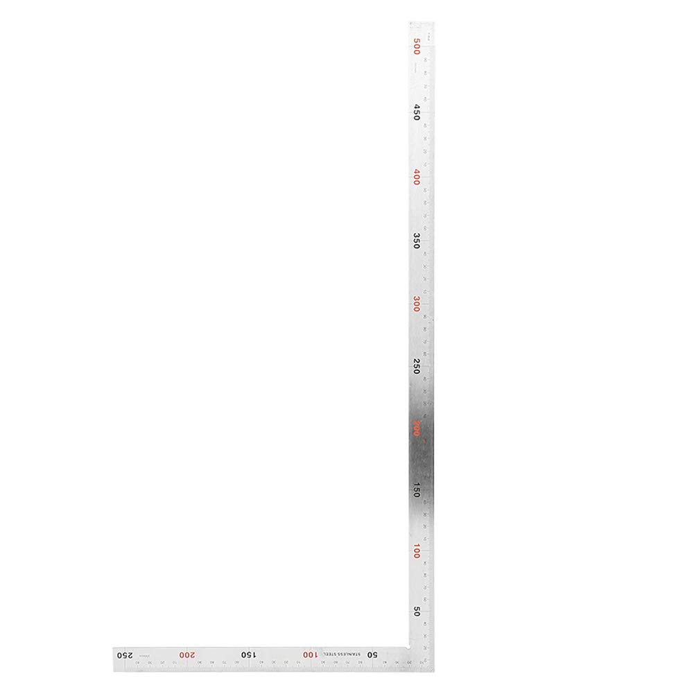 Eujgoov 90 Degree Metal Square Ruler, High Hardness Stainless Steel Right Angle Ruler for Inside and Outside Angles, Double Sided Cutting Guide, Double Scale for Woodworking (500mm*250mm)