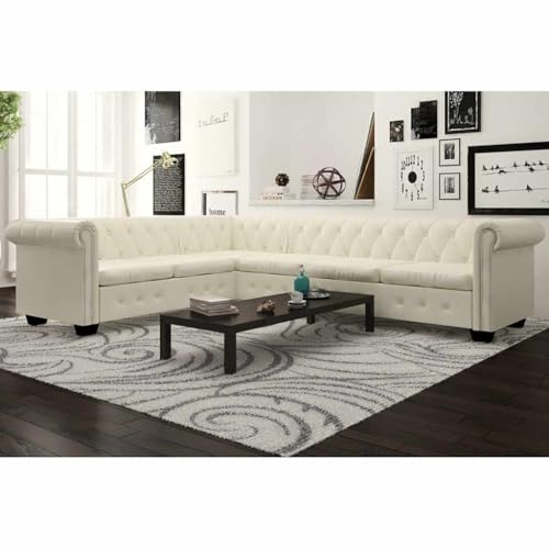 RCODSSK Chesterfield Canapé d'angle 6 places en cuir synthétique avec boutons et rivets pour salon ou bureau Blanc