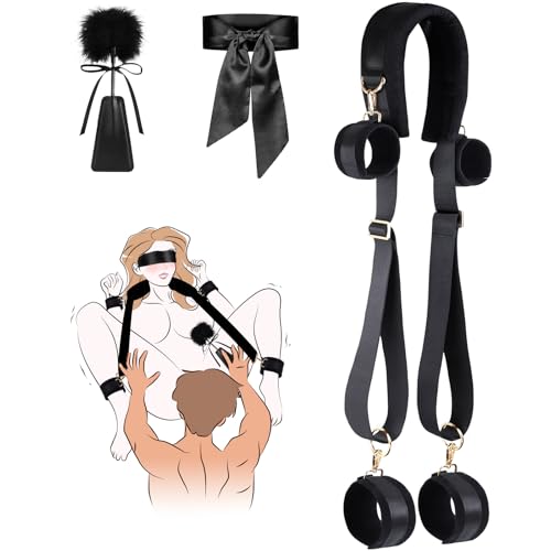 Sex Bondage BDSM Kit Bed Restraints Set with Neck to Thigh Sling Adjustable Handcuffs Ankle Cuffs Leg Straps with Tickler Blindfold Adult Sex Toy for Women Couples Collar SM Game Tie Rope Play