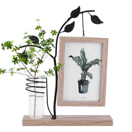 Palmcee Marco de fotos de 4 x 6 pulgadas con soporte y jarrón de vidrio, marco de fotos de madera, puede girar, marco de fotos de boda, regalos fotográficos personalizados, regalo para mamá, abuela,