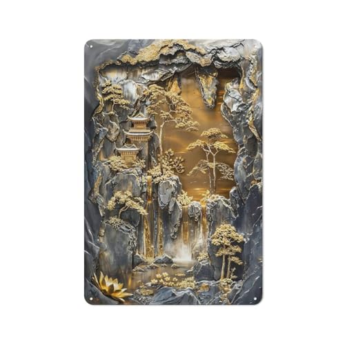 Junmoney Golden Lotus Zen Garden Plaque Murale Métal, Panneau Déco Pour Salle De Bain, Buanderie, WC Invités Ou Espace Utilitaire, Cadeau Amusant Pour Amis Et Famille, 30x20cm