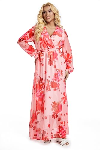 Image of lvenzse Womens Maxi Dress Boho Chiffon Floral Printed Long Party Dresses Plus Size with Belt (FBA)