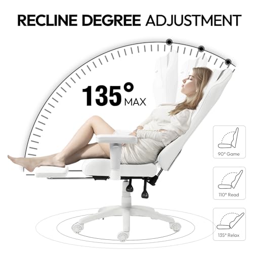 Sedia da gaming ergonomica con massaggio e riscaldamento, cuscino a molle come nel divano, supporto lombare e poggiapiedi, bianca - Sedia gaming - Immagine 6