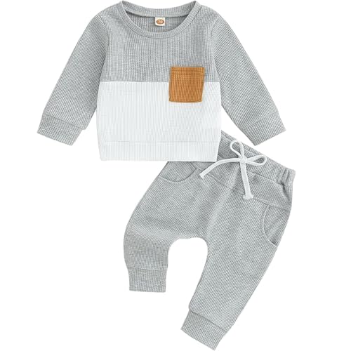 Image of Eqenkely Toddler Baby Boy Clothes Outfits Long Sleeve Waffle Contrast Color Sweatshirt and Pants 2 Piece Fall Winter Sweatsuit Set Grey 18-24 Months