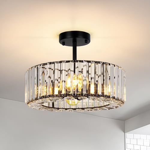 FRIDEKO HOME Modern Crystal Ceiling Lights Fixture 4-Lights, Round Black Chandeliers Ceiling Light with E27 Base, LED Light Fittings Ceilings for Bedroom, Living Room, Hallway, Kitchen