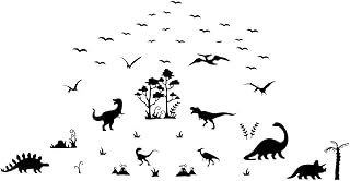 ANFRJJI Black Dinosaur Nursery Wall Decals Minimalist Animals Vinyl â€œVolcano, Pterosaur, Triceratops, Tyrannosaurus,geese, Sabretooth â€ Wild Dinosaur Wall Art Sticker for Nursery Kids Room Home Effect size 35
