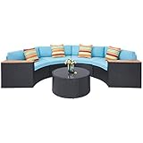 Oakmont Outdoor Sectional Sofa 5-Piece Half-Moon Patio Furniture Set All-Weather Garden Sofa Round Tempered Glass Top Table, Sky Blue Cushions and Colorful Pillows