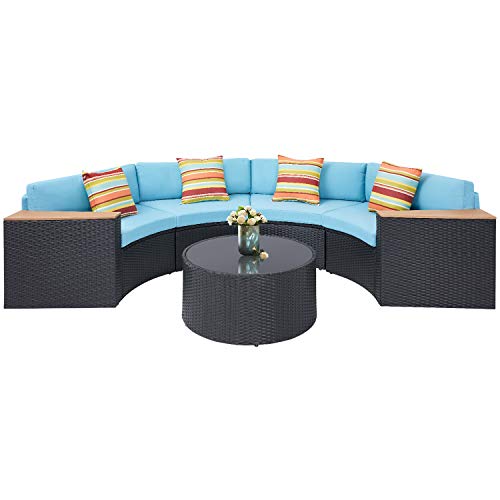 Incbruce Outdoor Sectional Sofa 5-Piece Half-Moon Patio Furniture Set | All-Weather Garden Sofa W/Round Tempered Glass Top Table, Sky Blue Cushions and Colorful Pillows