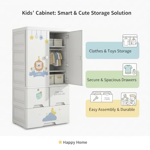 Image of Mevigo 3-Door Kids Plastic Wardrobe with Drawers - Cartoon Design Storage Cabinet for Children, Multi-Layer Clothes Organizer, Toy & Baby Clothing Storage Cupboard for Bedroom /Nursery -Lion-SJ6523