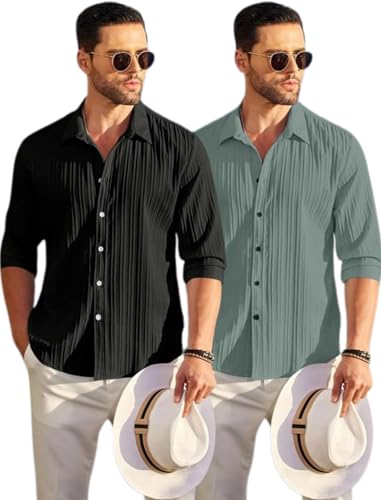 Image of FINIVO FASHION Combo of Men's Casual Cotton Plain Button Down Shirt Long Sleeve Textured Summer Beach Shirt for Men Pack of 3