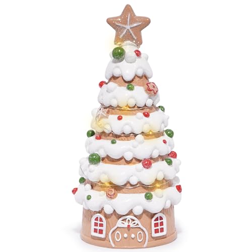 Hodao Christmas Village House Decorations Gingerbread House with Xmas Tree Theme Battery-Powered (2 AAA) 8.6 H Resin Christmas Tree Decor for Indoor Festive Home or Party (Tree-1)