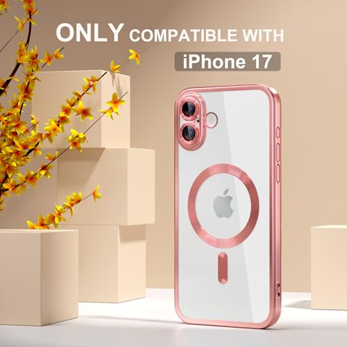 Image of Misea Magnetic for iPhone 17 Case Compatible with MagSafe Pink | [Never Yellowing] [Military Drop Protection] Full Camera Lens Protector Plating Soft Clear Phone Case for Women, Pink