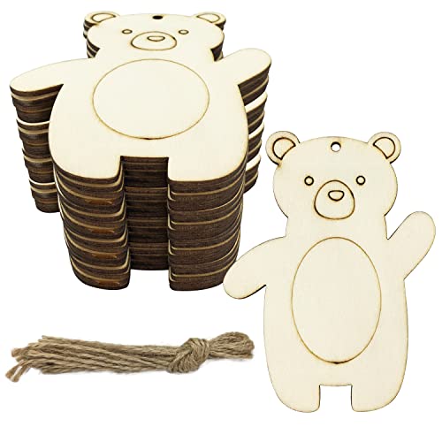 30pcs Bear Wood DIY Crafts Cutouts Blank Wooden Bear Shaped Hanging Ornaments with Hole Hemp Ropes Gift Tags for Kid's DIY Projects Christmas Party Decorations (3.0 x 3.9 x 0.1 in) by JEKEJIAJIU - Used condition - US$10.44