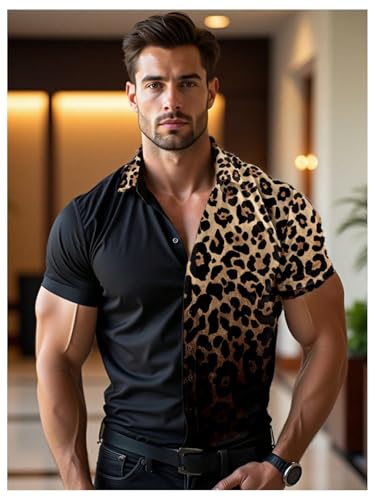 Men's Leopard Print Tops Button Down Short Sleeve Summer Cheetah Shirts Casual Trendy Top4