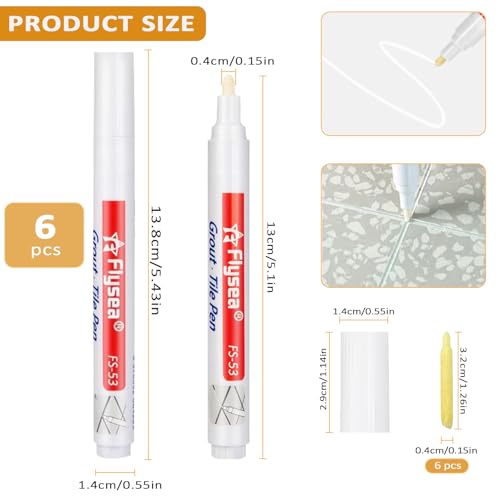 Jarcynious 6 Stück Fugenstift Weiß mit Ersatzspitze, Fugenweiß Stift für Fliesen im Badezimmer, Fugenweiss Bad Wasserfest, Fugenstift Fugenmörtel, Fugen Reparatur Stift für Fliesen, Wand, Boden
