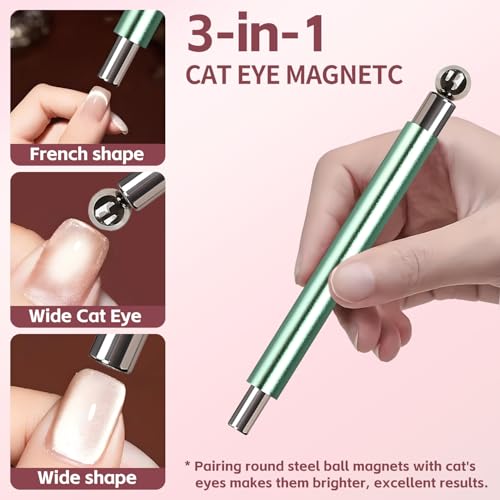 uadbau 4-Piece Cat Eye Magnet Set – Green Dual-Ended Nail Magnet With Round Bead, Heart Nail Magnets for Nail Art, and Black Magnetic Bead-Pickup Pen, Magnet for Cat Eye Gel Polish DIY Nail Designs