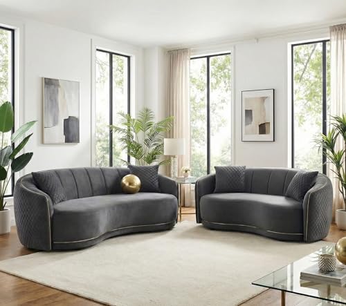 Generico Set Divani 3+2 Posti in Velluto Grigio Scuro – Design Curvo Trapuntato con Dettagli Dorati – Stile Moderno Elegante per Soggiorno