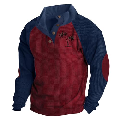 Wankang Men's Corduroy Sweatshirts 1/4 Button Fashion Printed Sweatshirts Raglan Sleeve Pullover Color Matching Sweater Tops