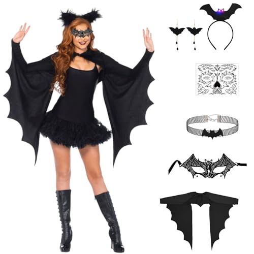Halloween Kostüm, Fledermaus Kostüm Damen, Damenschwarz Fledermaus Umhang Mit Stirnband, Augenmasken, Halsketten, Strümpfe, Ohrringe Und...