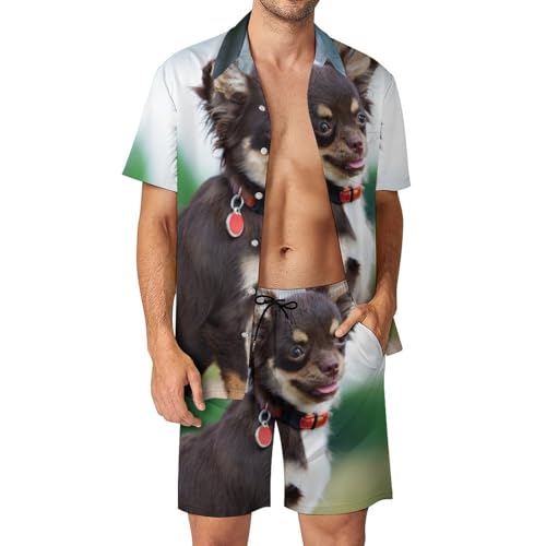 Ensemble Chemise Short et Pantalon de Plage Chien Chat pour Homme Mode Été 2 Pièces S