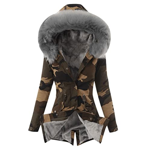 ZXCL 2020 Nuovo Peluche Camouflage Parker Parka Fashion Regolabile Vita Fur Collo Inverno Giacca Inverno Donne Longsleeve Cappotto con Cappuccio Cappotto-Gray,M
