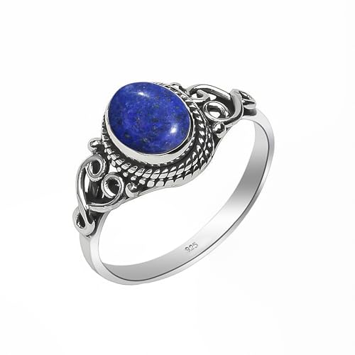 Bague en pierre précieuse, bague en argent sterling 925 pour femmes et hommes, bague en pierre de lapis-lazuli naturelle, design élégant, ovale 6 x 8 mm,...
