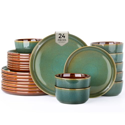 Image of GBHOME Dinnerware Sets for 8, 24 Pieces Stoneware Plates and Bowls Sets, Scratch Resistant Dishes, Dishwasher & Microwave Safe, Reactive Glaze