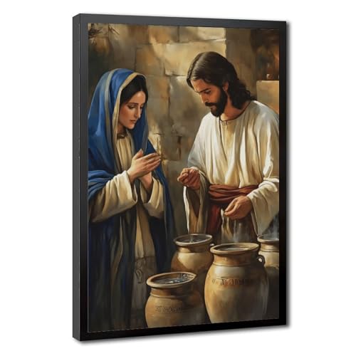 Jesus Turning Water into Wine Canvas Wall Art Elegant Religious Poster with Premium Black Metal Frame Modern Christian Home Decor Easter Devotional Artwork - 8x12inch