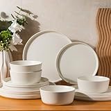 AmorArc Ceramic Dinnerware Sets for 4, Modern Flat Stoneware Plates and Bowls Sets,Chip and Crack Resistant | Dishwasher & Microwave Safe Dishes Set,Scratch Resistant- Service for 4 (12pc)-Matte Cream