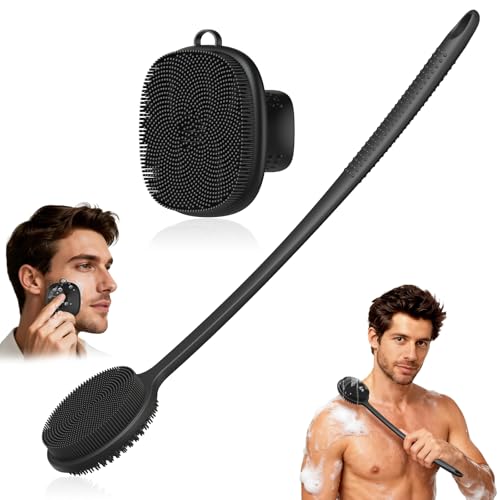 Back Scrubber for Shower & Face Scrubber, 2Pcs Silicone Exfoliating Brush Set with 17In Long Handle,...