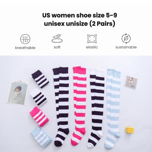 Image of Extra Long Striped Thigh High Socks Cute Soft Cotton Over the Knee Retro