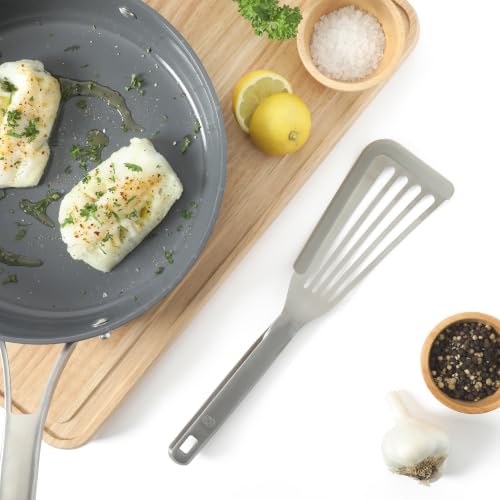 Image of Calphalon Prime Slotted Fish Turner, Kitchen Flipping Spatula, Slotted Spatula, Stainless Steel Slotted Turner with Silicone High-Heat Resistant Handle, Cookware for Flipping and Draining (Taupe)