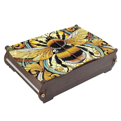 Image of MVVMTOP Diamond Painting Kit Wooden Storage Box, bee DIY Special Shaped Diamond Flip Cover Wooden Money Box, Handmade Art Desktop Decorations Birthday Gifts for Friends