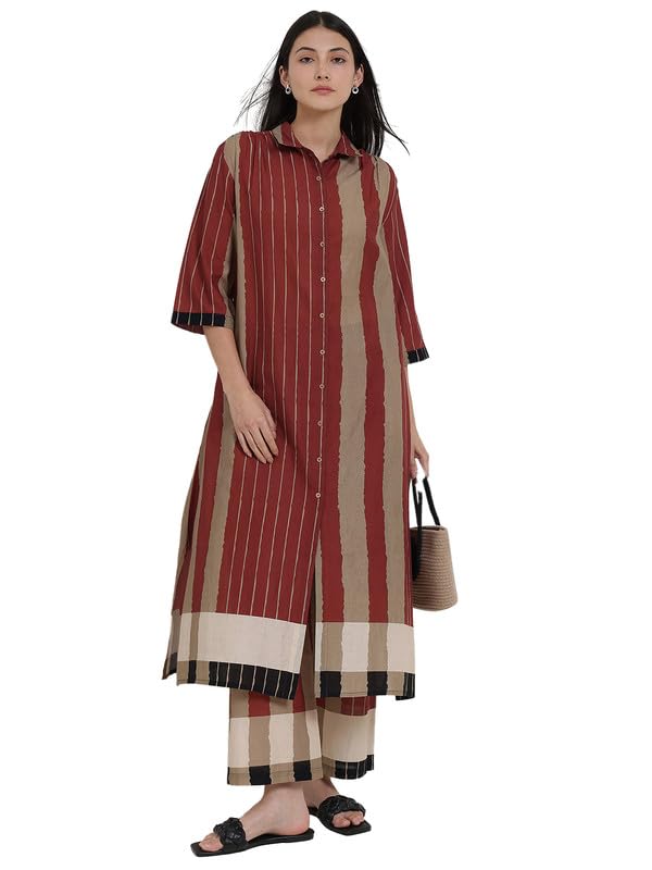 pink fort Women Casual Cotton Stripe Play Shirt Kurta Set | Straight Fit 3/4th Sleeves 2 Pockets Kurta Ankle Length Flared Fit Pants | Beige & Rust-picture-29