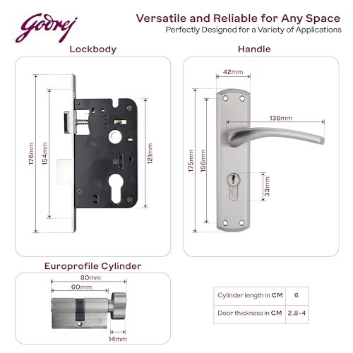 Image of Godrej Mortise Lock | BM 01 Handle Lock Set | 200mm Lockbody | Europrofile Cylinder 60mm Knob from Inside | for Home & Office | Satin Steel Finish | 3 Keys | Double-Throw Deadbolt | 1 Year Warranty