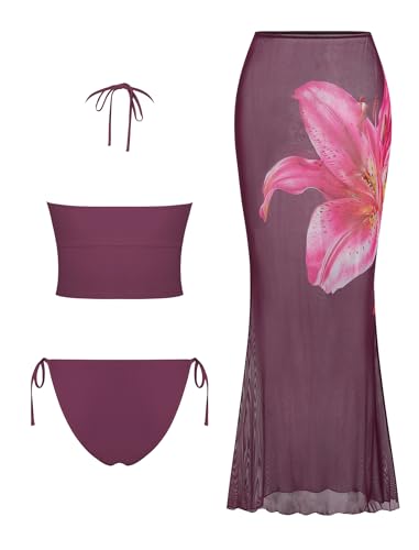 Image of ZAFUL Women 3 Piece Bikini with Cover Up Skirt Halter Bandeau Swimsuit Floral Tie Side Cheeky Bathing Suit
