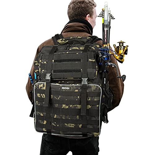Igogi Fishing Tackle Backpack 3 Fishing Rod Holders With 2 Lure Covers Without Trays Large Tackle Bag Storage Can Holds Up To (12) 3700 Tackle Boxes (Camo Green Pack + 2 Lure Covers) #TOP1