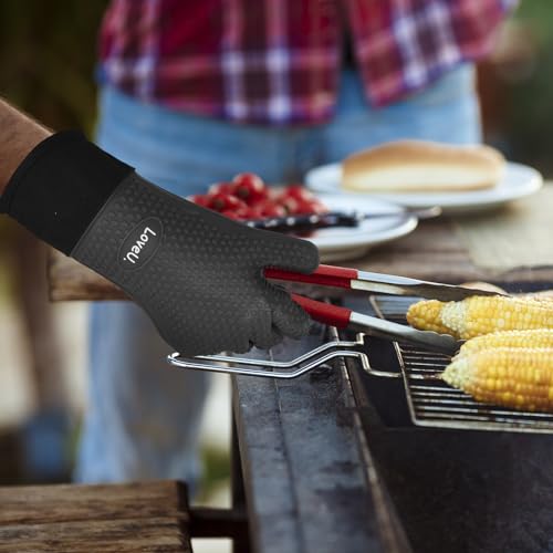 Image of Kitchen Oven Gloves - Dual-Layer Heat Resistant Grilling Gloves, Silicone Oven Mitts with 5 Fingers, Waterproof Non-Slip Pot Holder for Barbecue, Cooking, Baking (XL-XXXL, Black Long)